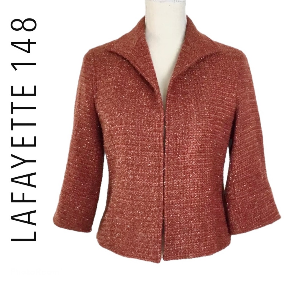 Lafayette 148 Metallic Sparkle Wool Tweed Blazer Suit Red Orange Silver Work 4 - Picture 6 of 16